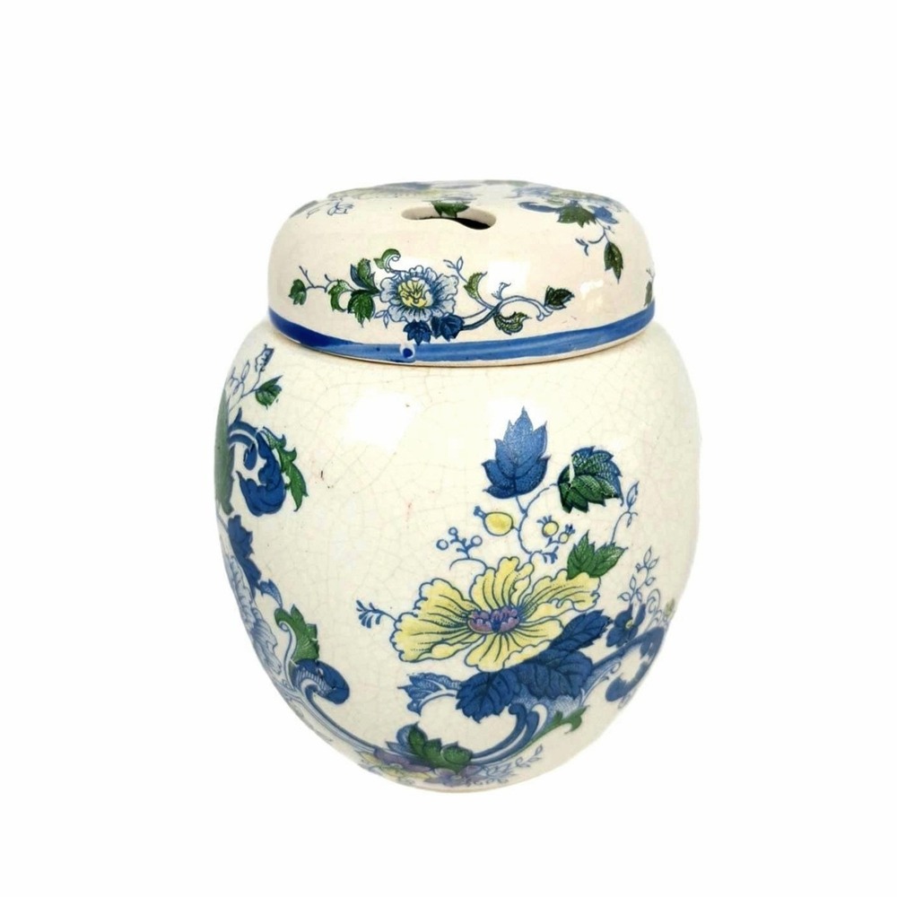 Vintage Orchard Ceramic Ginger Jar Blue Yellow Floral Crackle Glaze Potpourri 4"